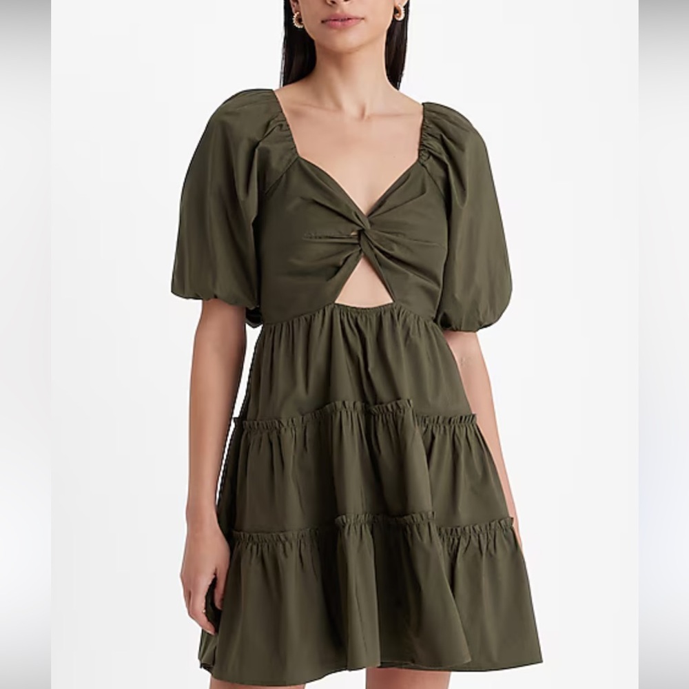 Express olive green V-Neck Puff Sleeve Cutout Tiered Mini Dress